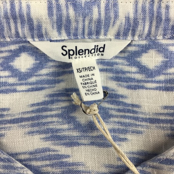 Splendid Women XS Blue White Ikat Pattern Linen St Tropez Blouse Top NWT - Picture 4 of 9